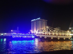 the beautiful Dubai Creek along the Deira waters at night, in the older part of the city, near Bur Dubai. You can pay for a dhow cruise including dinner.
